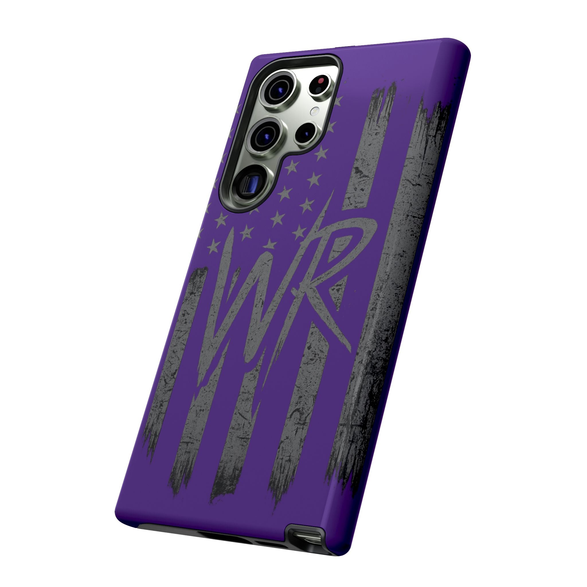 Purple 'WR' flag tough phone case by Printify, featuring a durable design and vibrant colors for protection and style.
