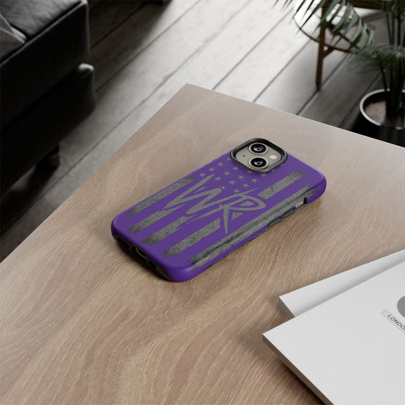 Purple 'WR' flag tough phone case by Printify with rugged design and precise cutouts for buttons and ports.