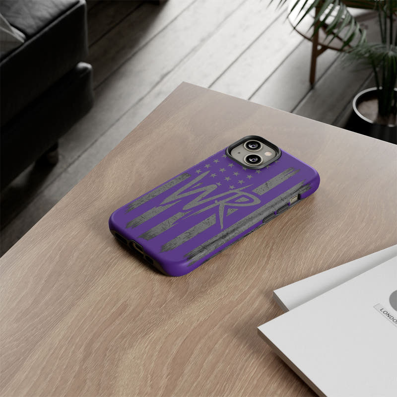 Purple 'WR' flag tough phone case by Printify with rugged design and precise cutouts for buttons and ports.
