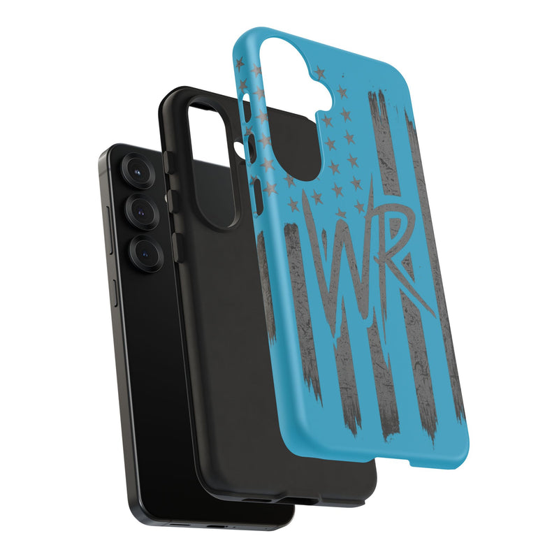 Patriotic blue tough phone case featuring 'WR' flag design by Printify, showcasing durability and style.