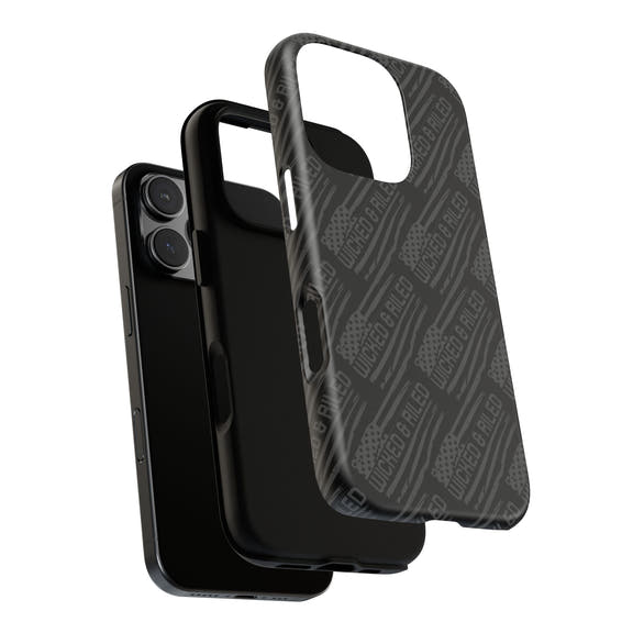 Rugged black protective phone case by Printify featuring a textured "TOUGH CASES" pattern for enhanced grip.