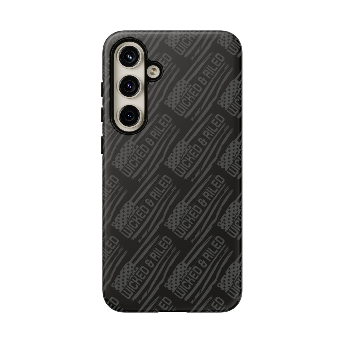 Rugged black protective phone case with TOUGH CASES text pattern by Printify, showcasing durable design and textured surface.