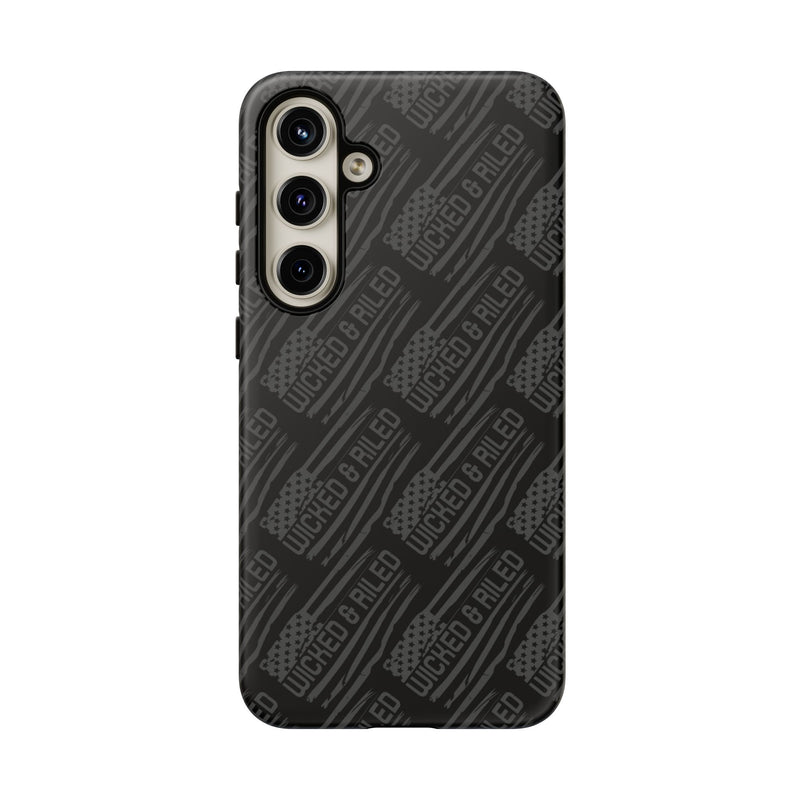 Rugged black protective phone case with TOUGH CASES text pattern by Printify, showcasing durable design and textured surface.