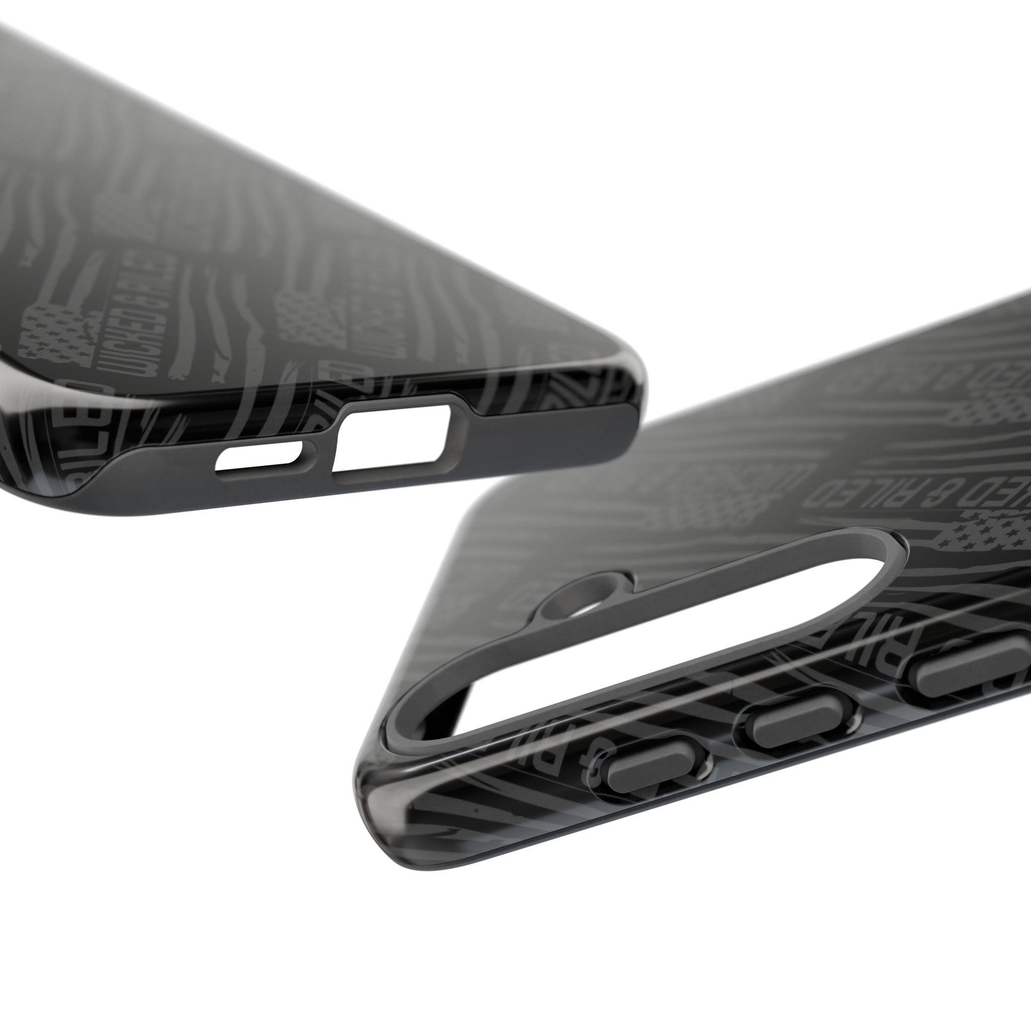 Rugged black protective phone case by Printify featuring a textured "TOUGH CASES" pattern for added grip and durability.