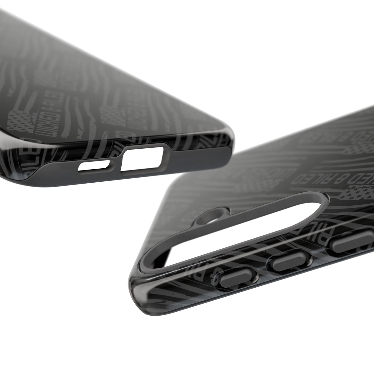 Rugged black protective phone case by Printify featuring a textured "TOUGH CASES" pattern for added grip and durability.