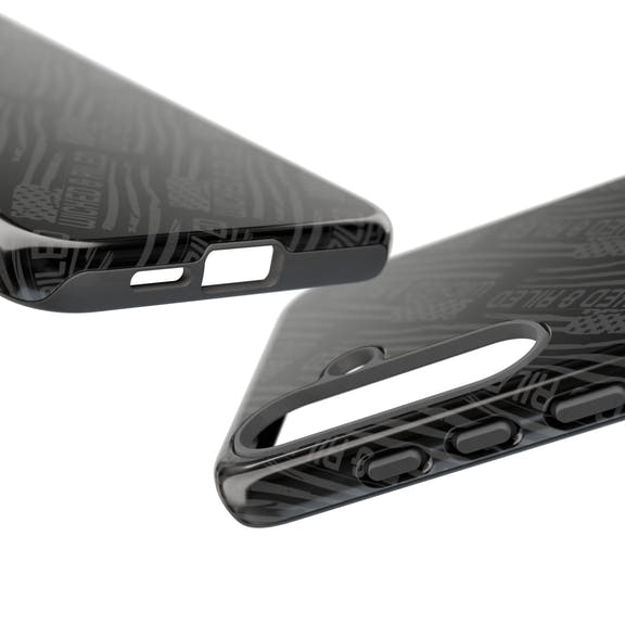 Rugged black protective phone case by Printify featuring a textured "TOUGH CASES" pattern for added grip and durability.