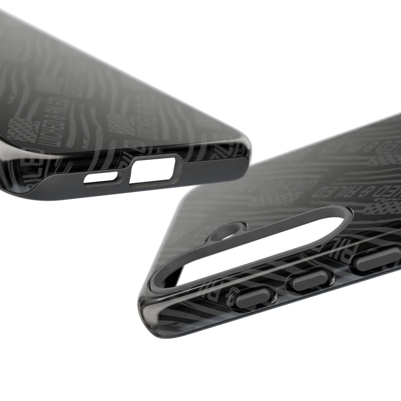 Rugged black protective phone case by Printify featuring a textured "TOUGH CASES" pattern for added grip and durability.