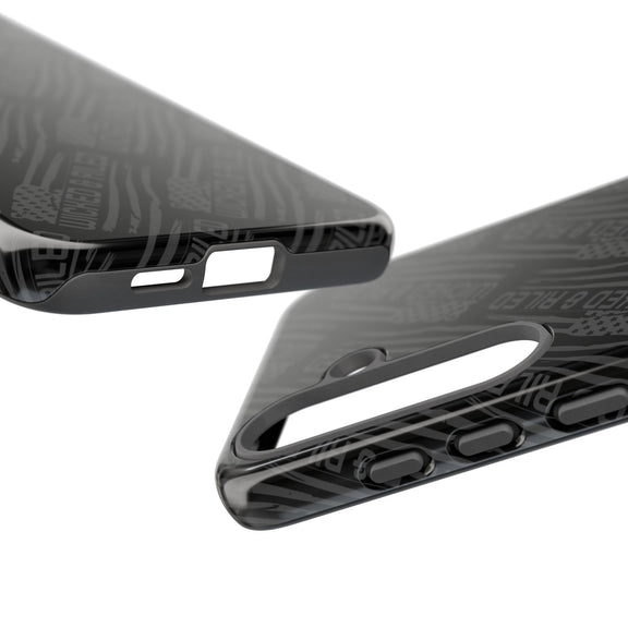 Rugged black protective phone case by Printify featuring a textured "TOUGH CASES" pattern for added grip and durability.