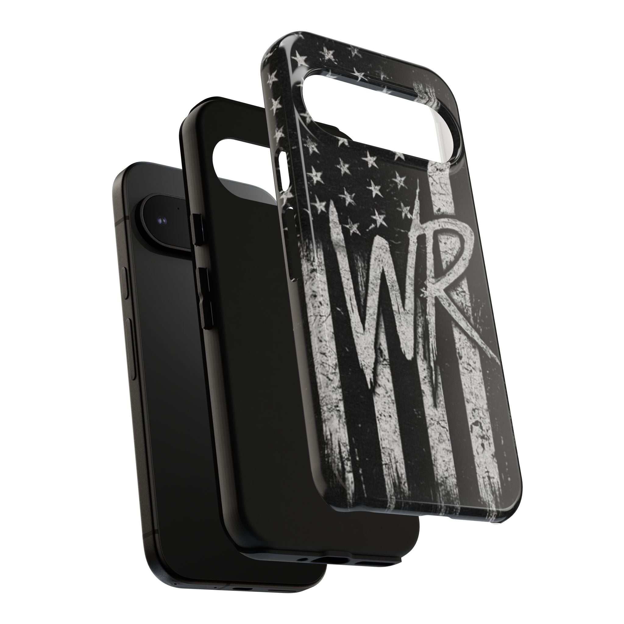 Distressed American flag design on a Patriotic Monogram Tough Phone Case featuring the initials WR by Printify.