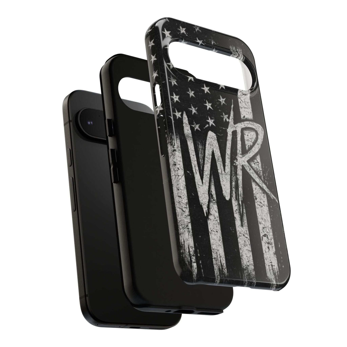 Distressed American flag design on a Patriotic Monogram Tough Phone Case featuring the initials WR by Printify.