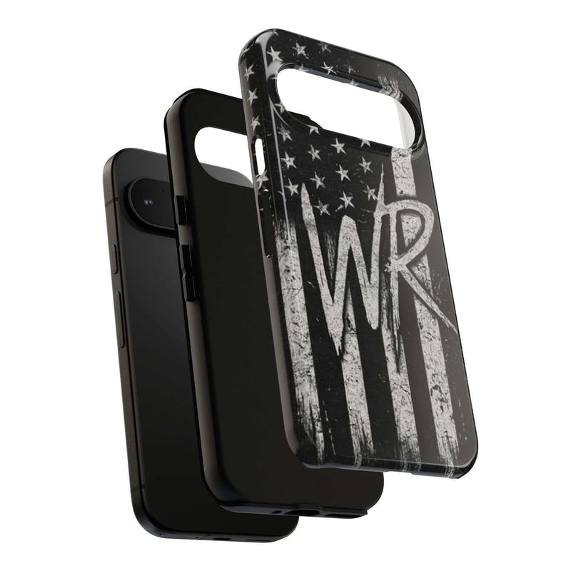 Distressed American flag design on a Patriotic Monogram Tough Phone Case featuring the initials WR by Printify.