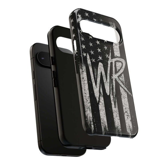 Distressed American flag design on a Patriotic Monogram Tough Phone Case featuring the initials WR by Printify.