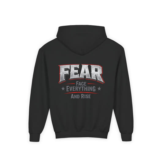 Youth Hoodie Distressed American Flag with 'WR' Front & 'Fear Face Everything And Rise' Motivational Back - Wicked & Riled Clothing