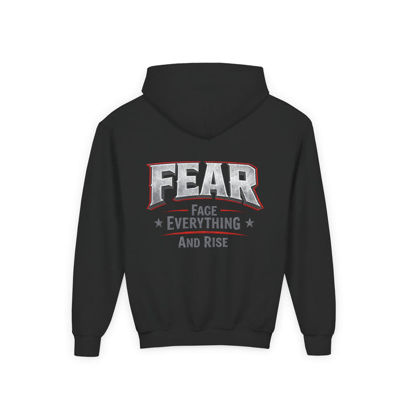 Youth Hoodie Distressed American Flag with 'WR' Front & 'Fear Face Everything And Rise' Motivational Back - Wicked & Riled Clothing