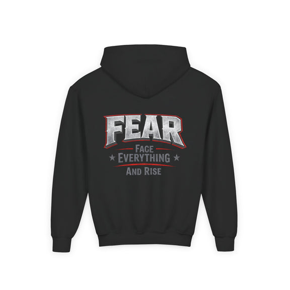 Youth Hoodie Distressed American Flag with 'WR' Front & 'Fear Face Everything And Rise' Motivational Back - Wicked & Riled Clothing