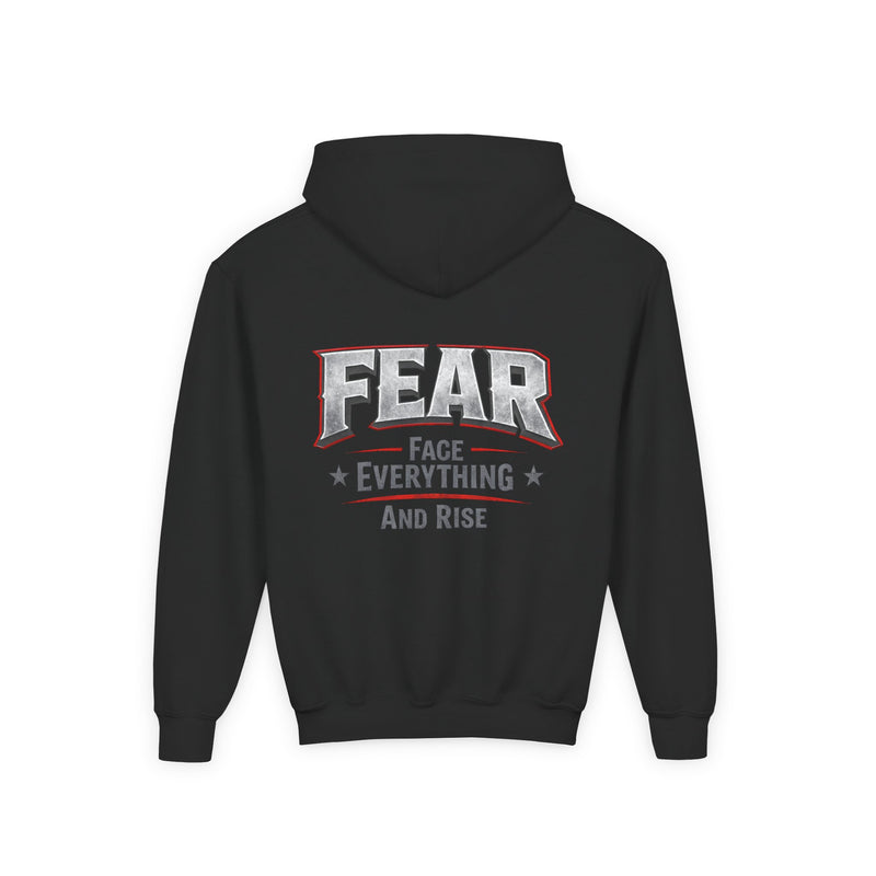Youth Hoodie Distressed American Flag with 'WR' Front & 'Fear Face Everything And Rise' Motivational Back - Wicked & Riled Clothing