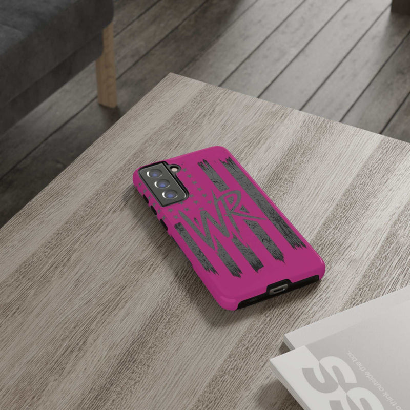 Pink 'WR' Flag Tough Phone Case by Printify featuring a durable design and vibrant flag pattern.