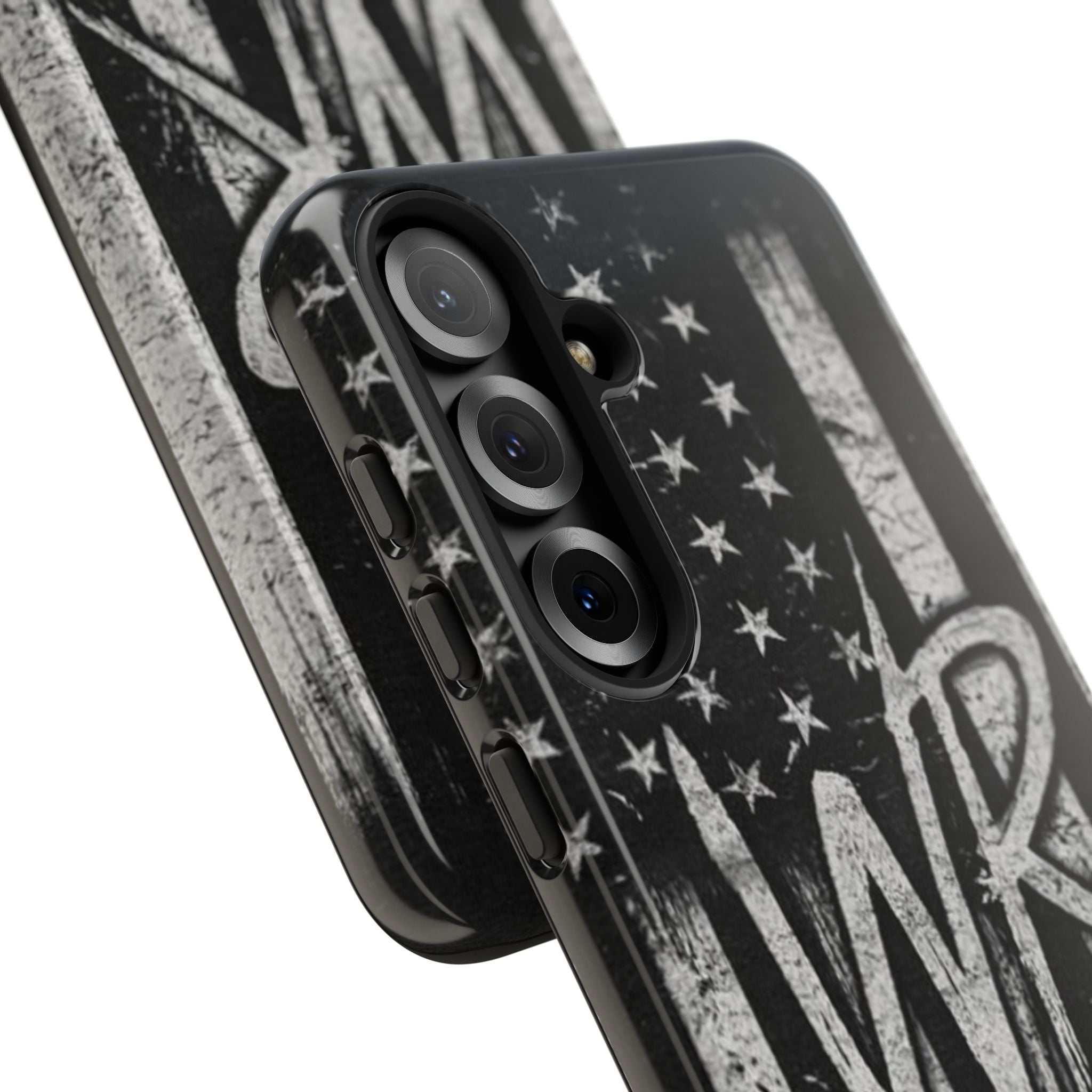 Distressed American flag phone case with WR monogram, designed by Printify for tough protection and style.