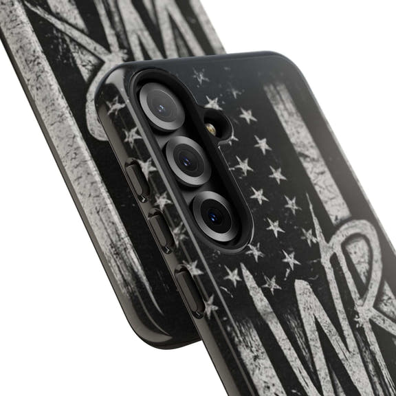 Distressed American flag phone case with WR monogram, designed by Printify for tough protection and style.