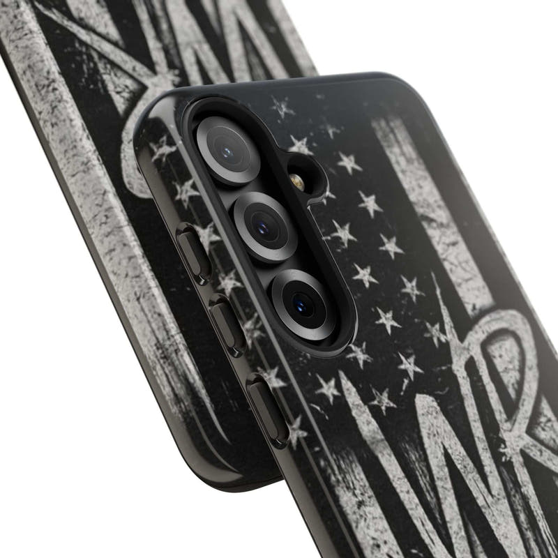 Distressed American flag phone case with WR monogram, designed by Printify for tough protection and style.
