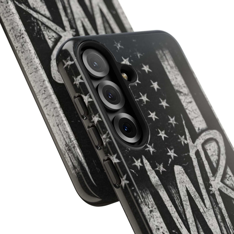 Distressed American flag phone case with WR monogram, designed by Printify for tough protection and style.