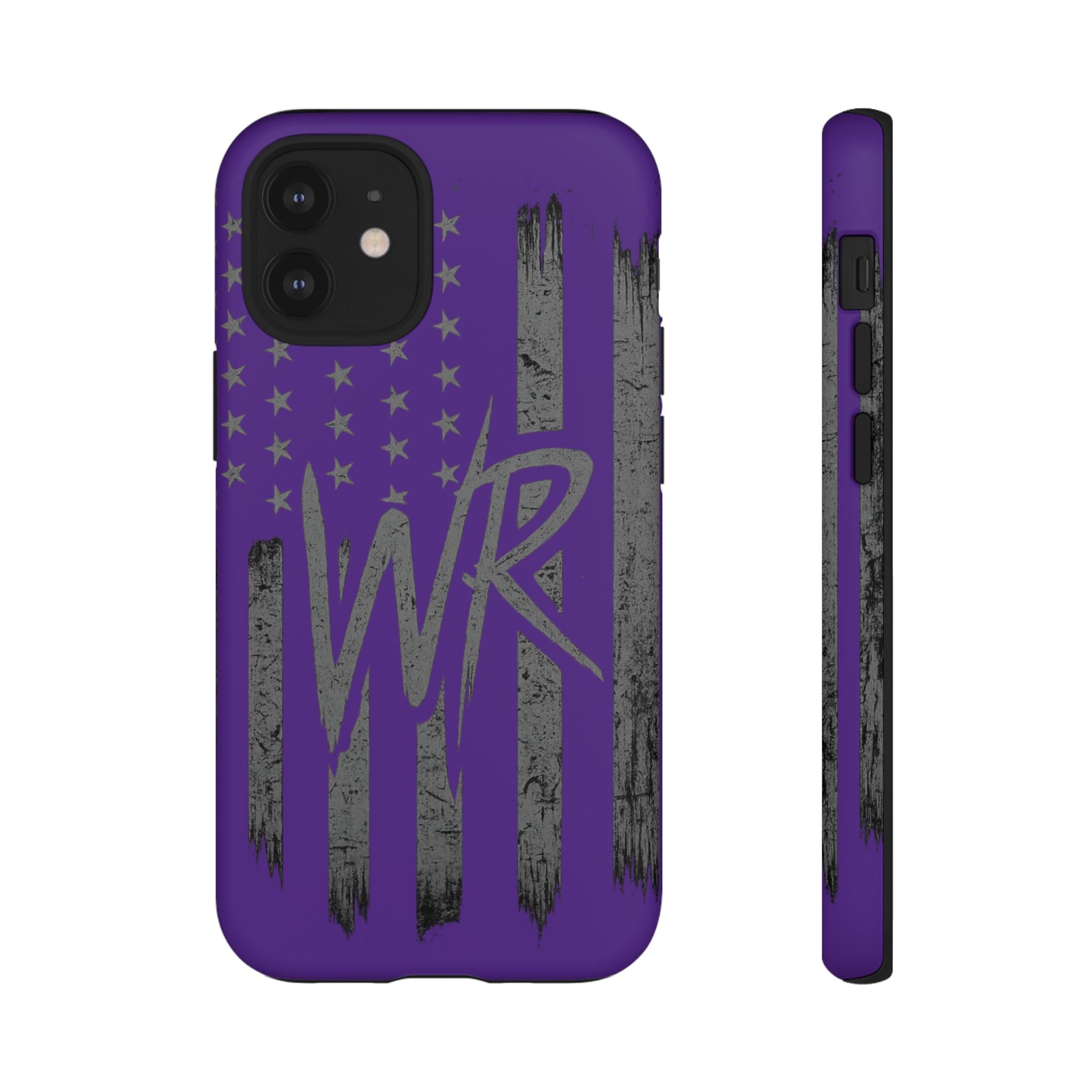 Purple 'WR' flag tough phone case by Printify featuring durable design and vibrant color, ideal for protection and style.