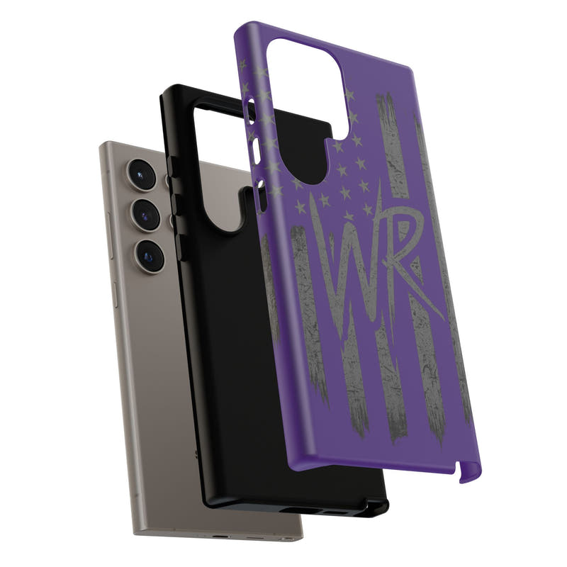 Purple 'WR' flag tough phone case by Printify with durable design and vibrant colors, displayed on a neutral background.