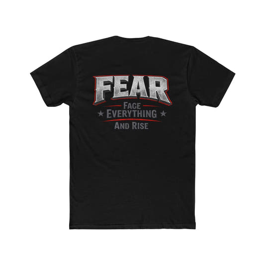 White crew tee featuring "FEAR Face Everything And Rise" graphic by Printify, displayed flat on a neutral background.
