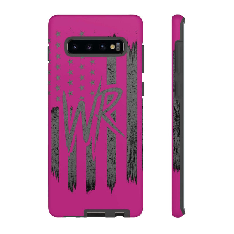 Pink 'WR' Flag Tough Phone Case by Printify with durable design and vibrant flag graphic. Ideal for protection and style.