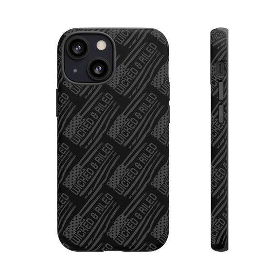Rugged black protective phone case by Printify with a textured "TOUGH CASES" pattern, designed for durability.