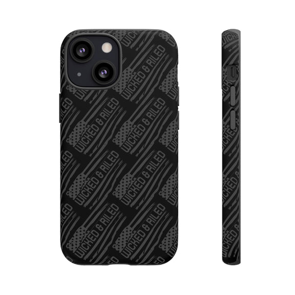 Rugged black protective phone case by Printify with a textured "TOUGH CASES" pattern, designed for durability.