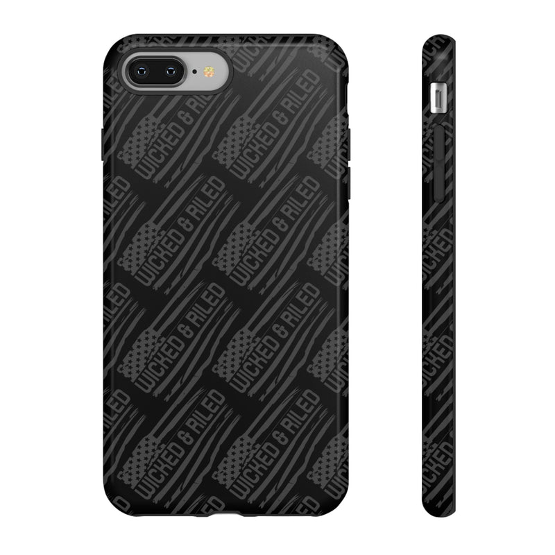 Rugged black protective phone case by Printify with a textured TOUGH CASES pattern, designed for durability and style.