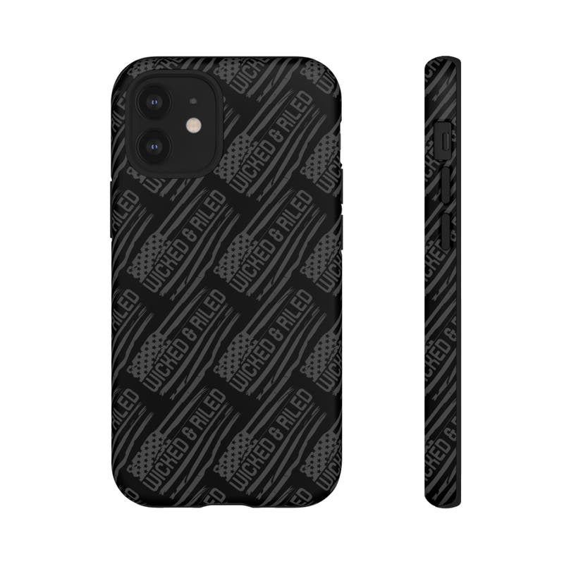 Rugged black protective phone case by Printify with "TOUGH CASES" text pattern for enhanced durability and style.