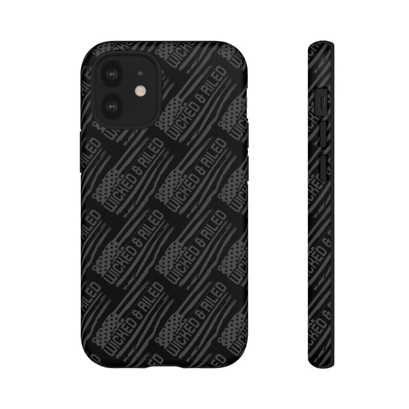 Rugged black protective phone case by Printify with "TOUGH CASES" text pattern for enhanced durability and style.