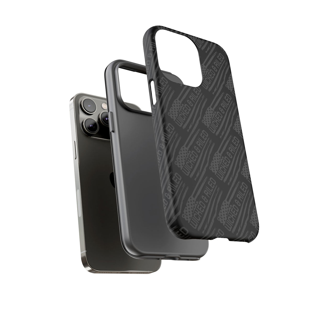 Rugged black protective phone case by Printify with a textured "TOUGH CASES" pattern, designed for durability.