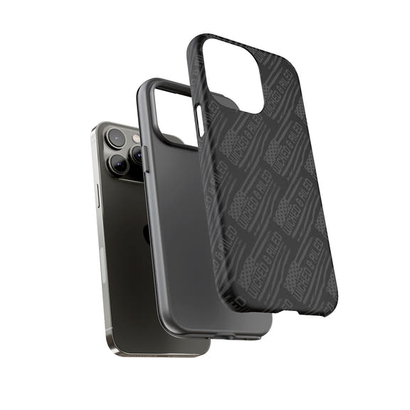 Rugged black protective phone case by Printify with a textured "TOUGH CASES" pattern, designed for durability.