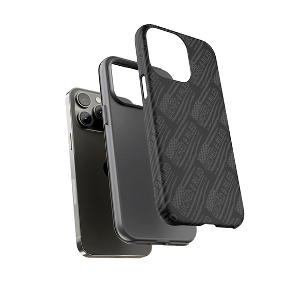 Rugged black protective phone case by Printify with a textured "TOUGH CASES" pattern, designed for durability.