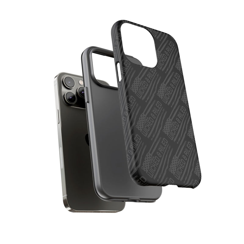 Rugged black protective phone case by Printify with a textured "TOUGH CASES" pattern, designed for durability.