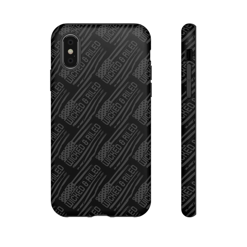 Rugged black protective phone case from Printify with a textured "TOUGH CASES" pattern for enhanced grip and durability.