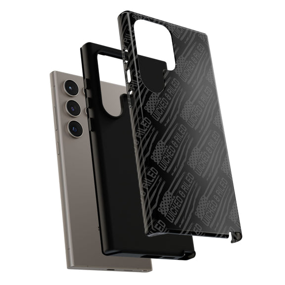 Rugged black protective phone case by Printify with a textured "TOUGH CASES" pattern for enhanced grip and durability.