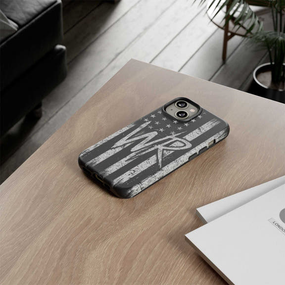 Distressed American flag design on a Patriotic Monogram Tough Phone Case featuring the letters WR by Printify.