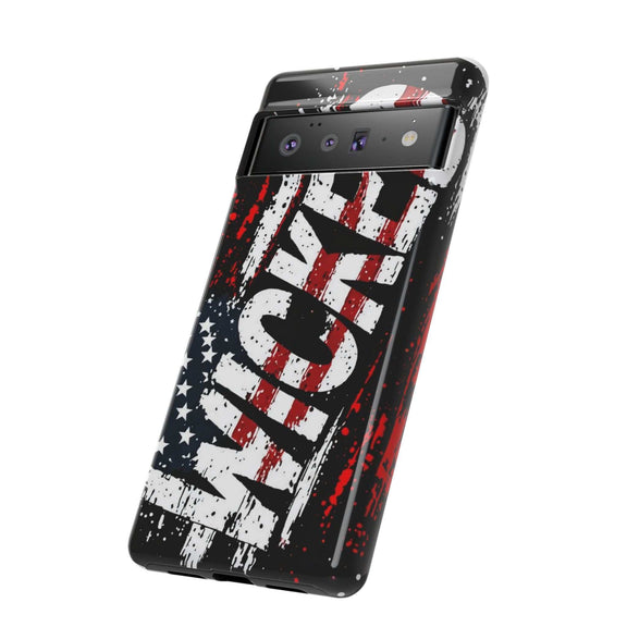 Distressed American flag phone case with "VETERAN" graphic by Printify, showcasing rugged patriotic design for protection.