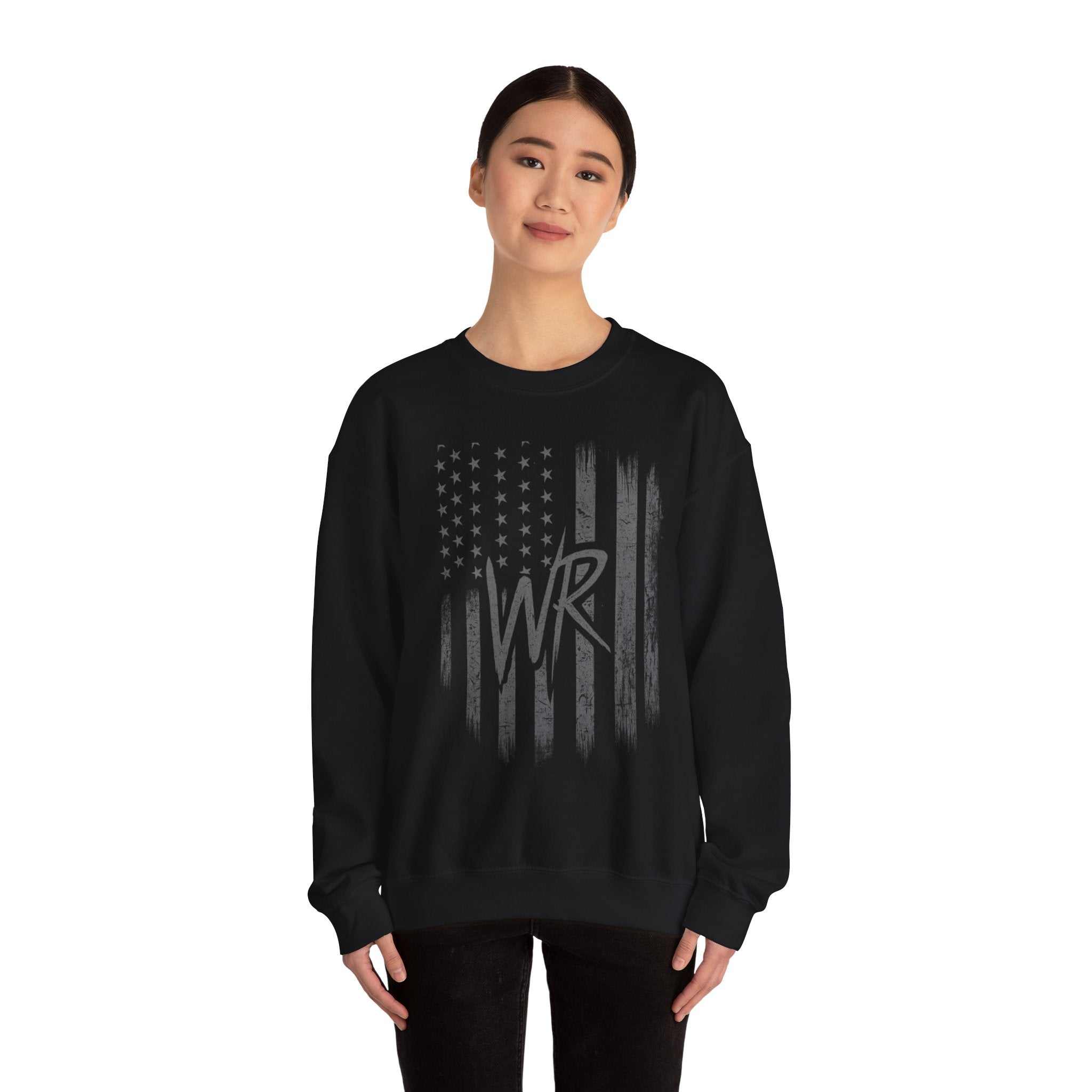 Distressed American flag crewneck sweatshirt with WR monogram, showcasing a patriotic pullover design by Printify.