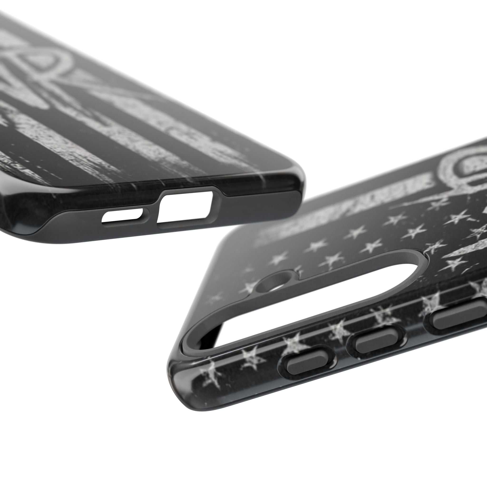 Patriotic monogram tough phone case featuring a distressed American flag design with the initials WR.