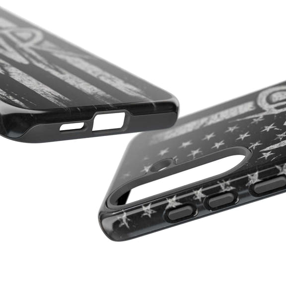Patriotic monogram tough phone case featuring a distressed American flag design with the initials WR.