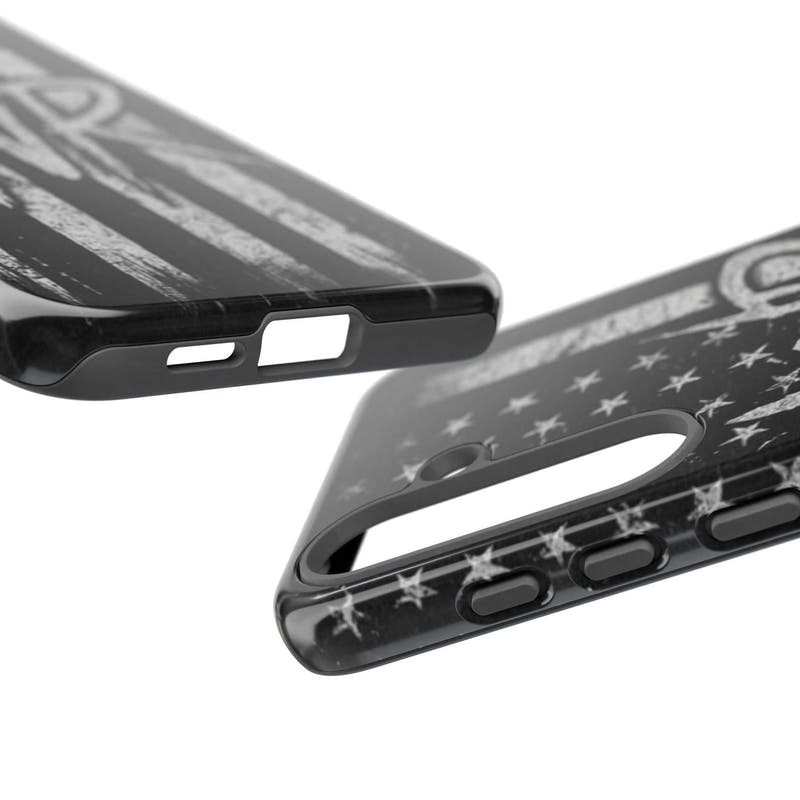 Patriotic monogram tough phone case featuring a distressed American flag design with the initials WR.