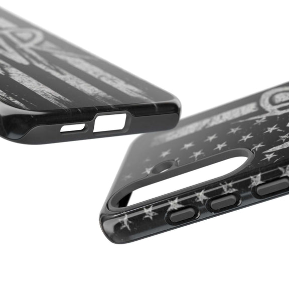 Patriotic monogram tough phone case featuring a distressed American flag design with the initials WR.