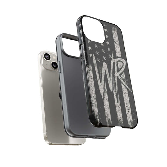 Distressed American flag design on a tough phone case with monogram 'WR' by Printify.
