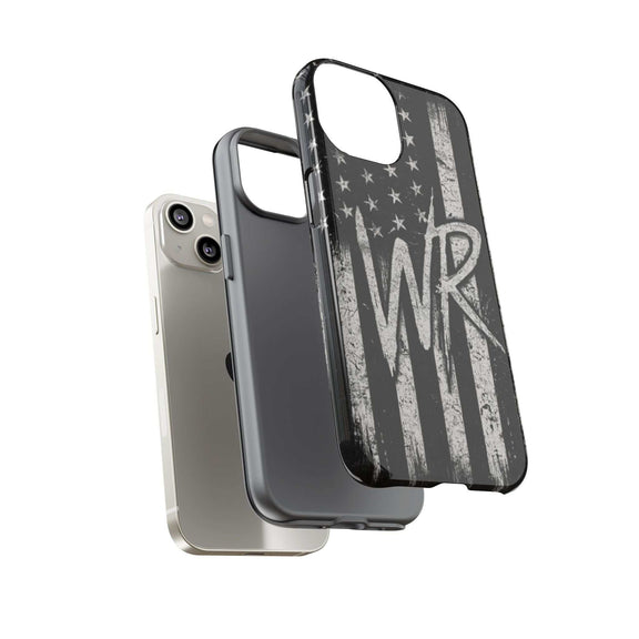 Distressed American flag design on a tough phone case with monogram 'WR' by Printify.