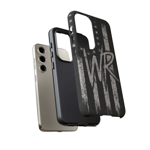 Distressed American flag design on a Patriotic Monogram Tough Phone Case featuring the initials WR by Printify.